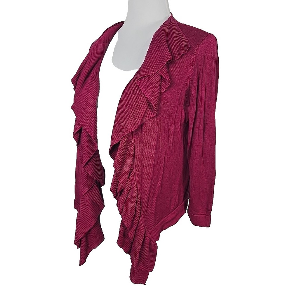 89th & Madison Raspberry Knit Open-Front 3/4 Sleeve Ruffle Sweater Medium M - Picture 2 of 7